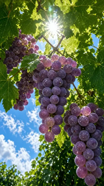Low-Angle View of Purple Grapes in Sunlight