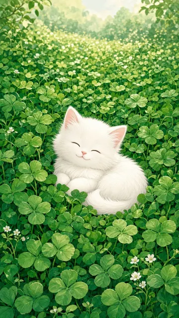 Cute Cat image example: Cozy White Cat in Four-Leaf Clover Field Illustration