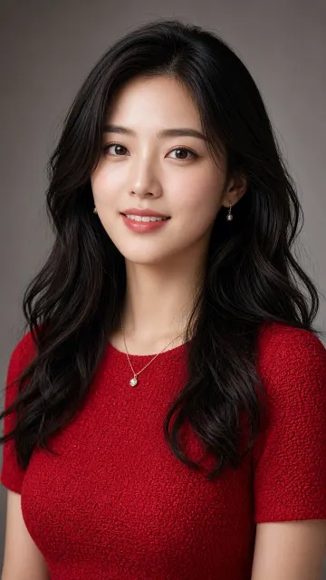 Fashion Editorial image example: East Asian Beauty in Red Top Against Muted Grey
