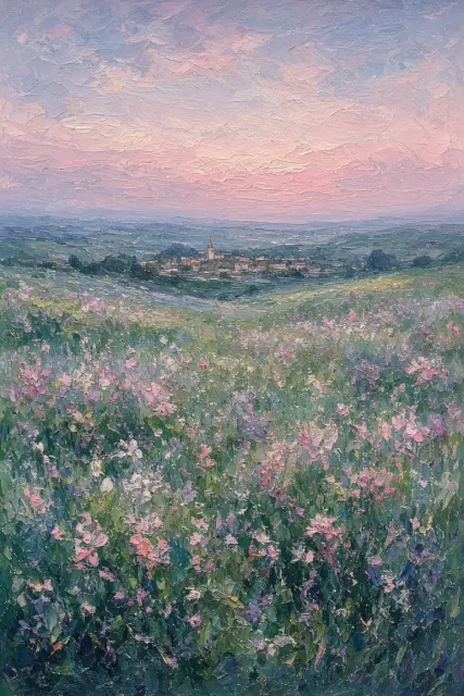 Impressionist Twilight Floral Meadow and Distant Village