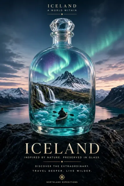Crystal Glass image example: Iceland Aurora in a Glass Bottle Travel Poster