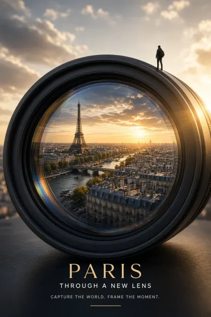 Urban Cityscape image example: Paris Reflected Inside a Camera Lens Travel Poster