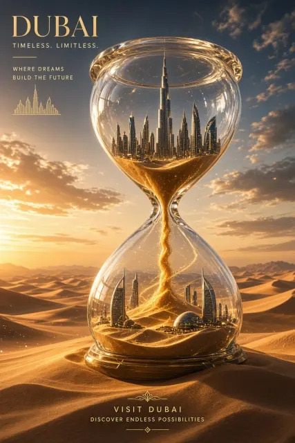 Urban Cityscape image example: Dubai Encapsulated in a Crystal Hourglass Travel Poster