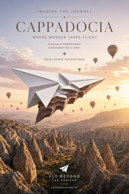 Natural Landscape image example: Origami Airplane Unfolding Cappadocia Hot Air Balloons Poster