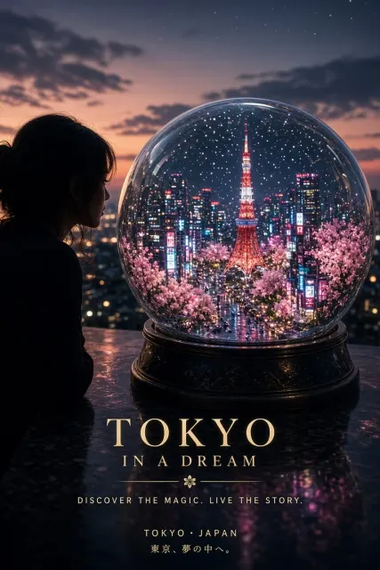Urban Cityscape image example: Tokyo Nightscape Inside a Crystal Ball Travel Poster