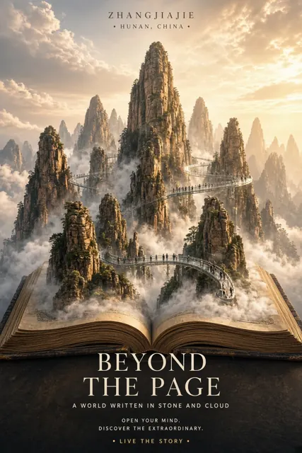 Panoramic Vista image example: Zhangjiajie Peaks Emerging from an Antique Book Poster