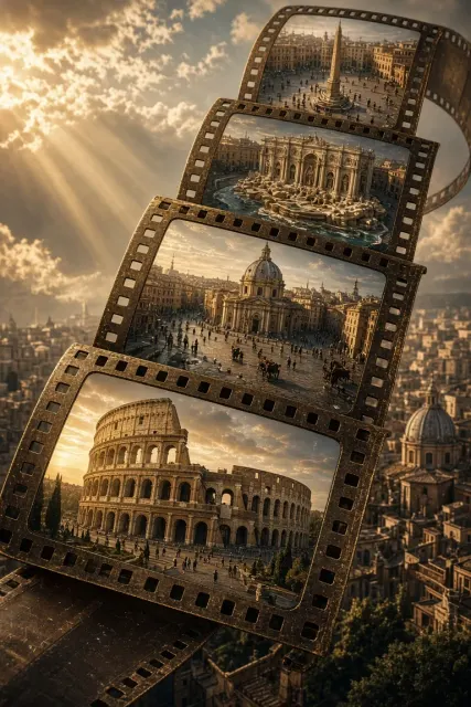 Vintage Retro image example: Vintage Film Reel Unfolding Rome Poster