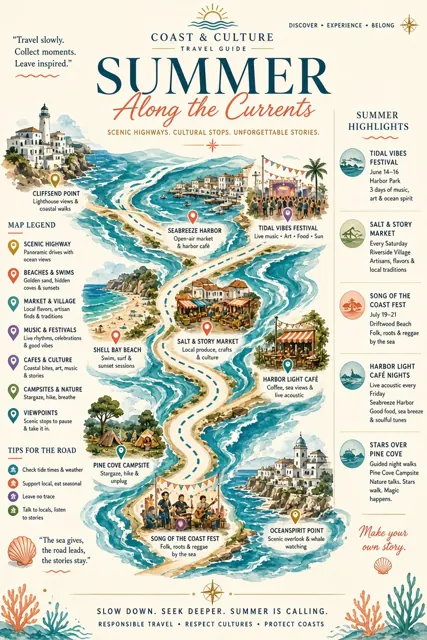 Typography image example: Ocean Wave Road Summer Travel Map Poster