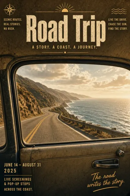 Vehicles image example: Cinematic Road Trip Car Window Poster