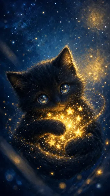 Celestial image example: Cozy Minimalist Black Cat Hugging Stars Illustration