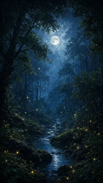 Warm & Cozy image example: Serene Forest Nightscape with Glowing Fireflies