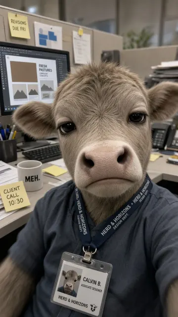 Candid Snapshot image example: Anthropomorphic Calf Office Desk Selfie