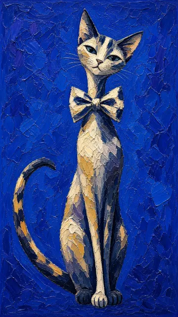 Abstract Cobalt Blue Oil Painting Cat with Bowtie