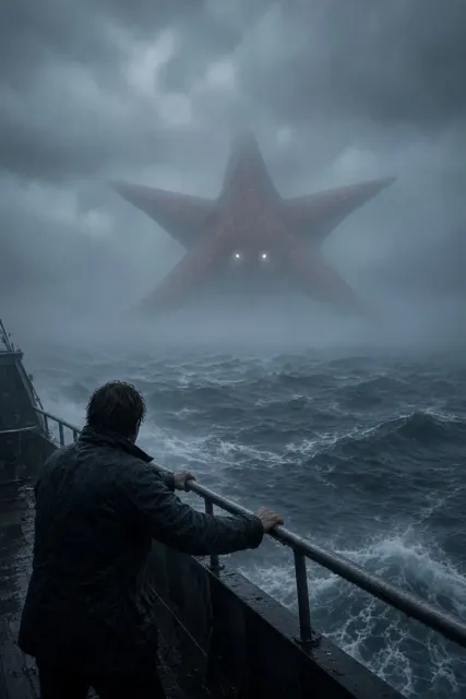 Low Saturation image example: Megalophobia Surreal Sea Star Colossus Over Ocean
