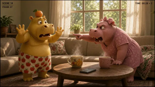Cinematic Lighting image example: Cartoon Hippo Couple Argument Cinematic Storyboard