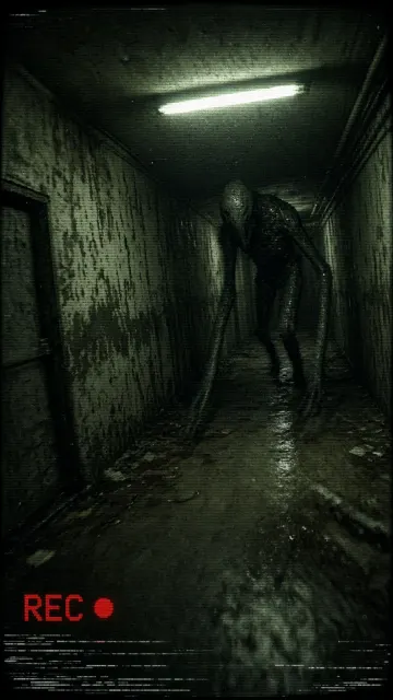 analog horror image example: VHS Found Footage Corrupted Entity Hallway Scene