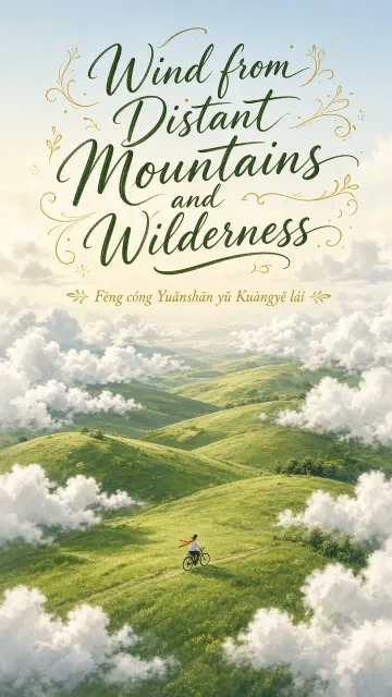 Healing Meadow Clouds and Lone Cyclist Panoramic Illustration