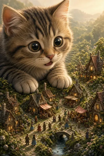 Giant Tabby Kitten Observing Miniature Village Illustration