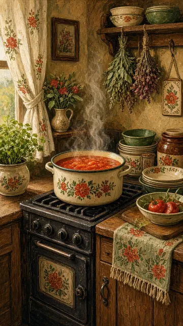 Abstract Pattern image example: Vintage Rustic Kitchen and Tomato Soup Oil Painting