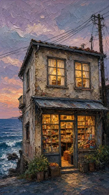 Coastal Seaside Corner Store Oil Painting