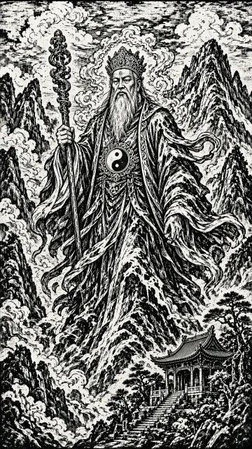 Folk Art image example: Taoist Mountain Deity Woodcut Print