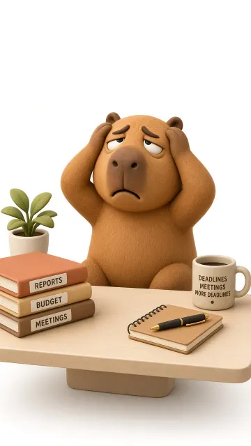 Cute Chibi Cartoon image example: 3D Cartoon Frustrated Capybara at Office Desk
