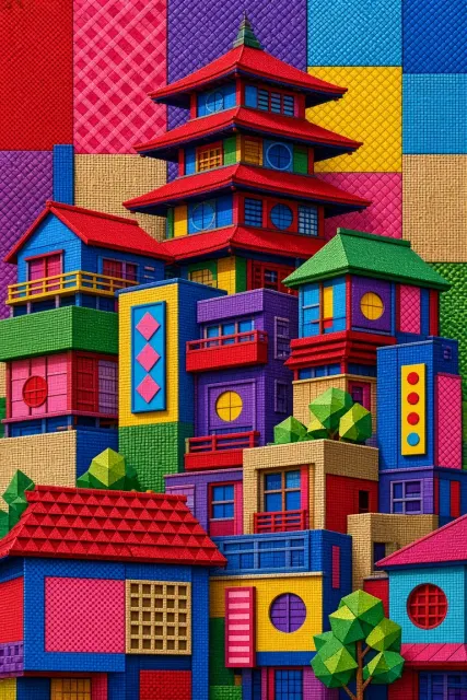 Geometric Collage Japanese Architectural Illustration