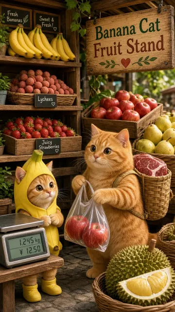 Cute Chibi Cartoon image example: Anthropomorphic Orange Cats Fruit Market Illustration