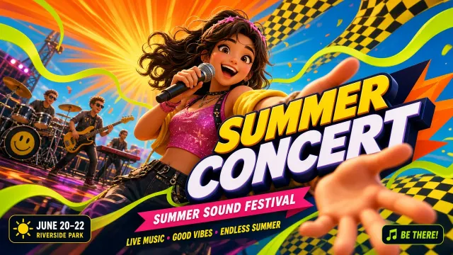 Vibrant Colors image example: 3D Cartoon Summer Music Festival Poster