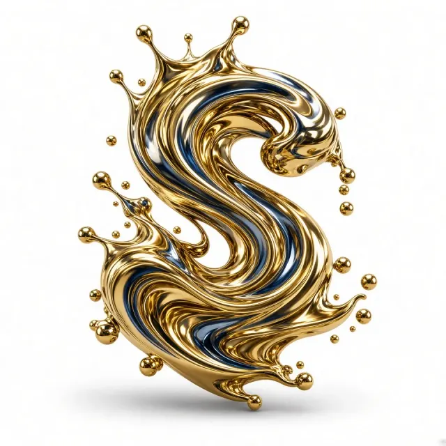 Chrome Reflection image example: Golden Liquid Metal Typographic Sculpture