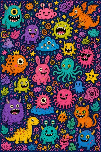 Bold Line Art image example: Full-Bleed Whimsical Doodle Monster Artwork