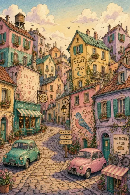Whimsical Tilted Old Town Colored Pencil Art