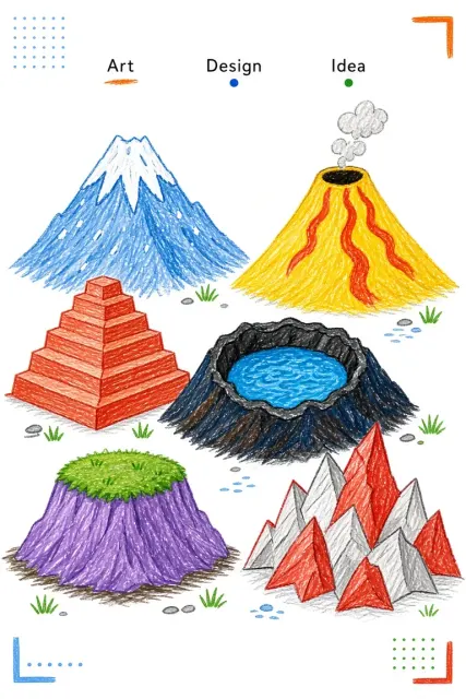 Children's Crayon Volcano and Hill Illustration