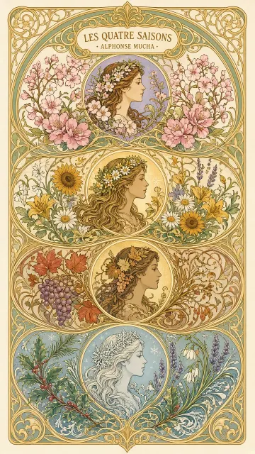 Maximalist Four Seasons Floral Art Nouveau Vector