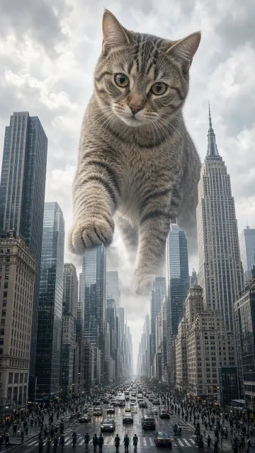 Surreal Giant Cat Strolling Through City