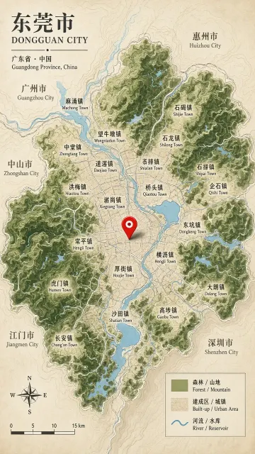 Cartography image example: Dongguan Topographic Map with Houjie Pin