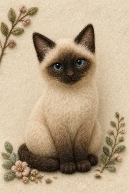 Tactile Needle Felted Siamese Cat Illustration