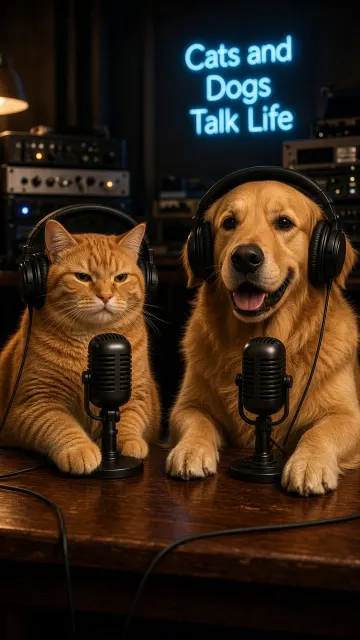 Podcast Studio image example: Late-Night Radio Studio Cat and Dog Podcast
