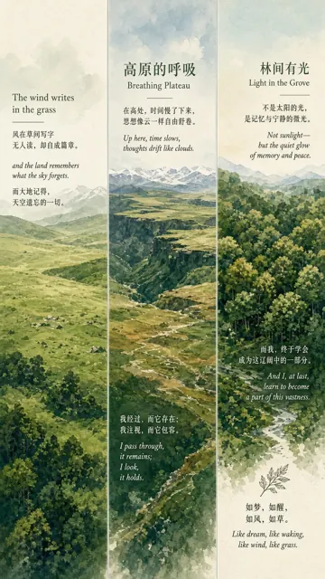 Watercolor image example: Panoramic Triptych Prairie Watercolor Illustration