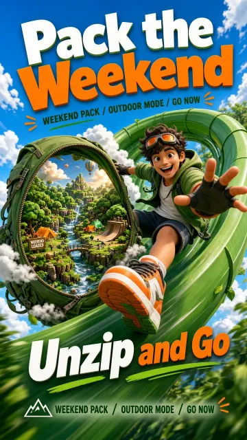dynamic action image example: Weekend Adventure Backpack 3D Commercial Poster