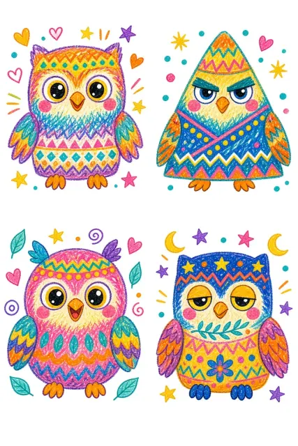 Dopamine Colors image example: Four-Grid Crayon Doodle Owl Children's Illustration
