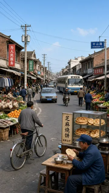 1990s Small Town Market Street Realistic Scene