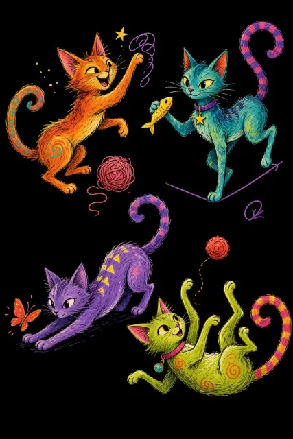 Character Art image example: Minimalist Playful Four Cats Sketch Illustration