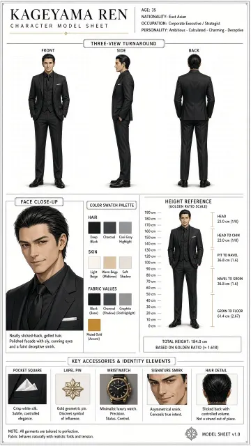 Graphic Layout image example: Realistic Anime Character Turnaround Model Sheet