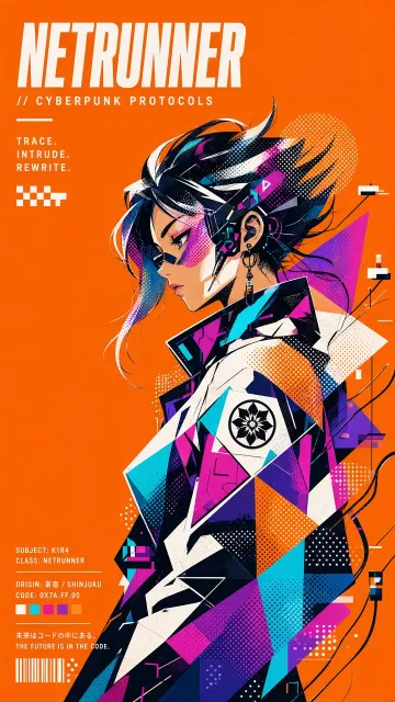 Geometric Cyberpunk Character Collage Poster