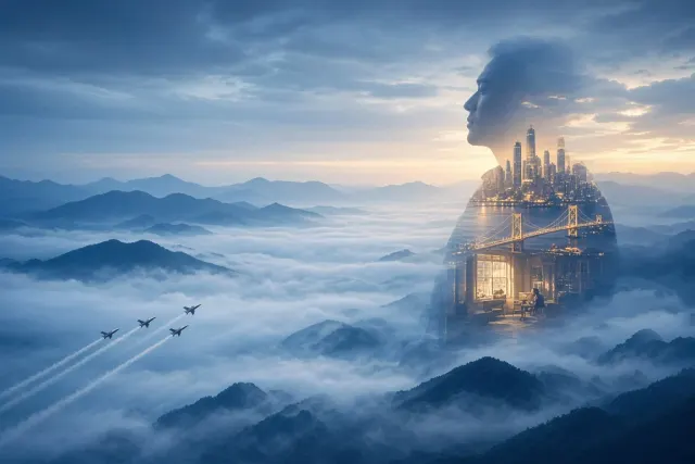 Typography Space image example: Cinematic Deep Blue Mountain Guardian Horizontal Poster