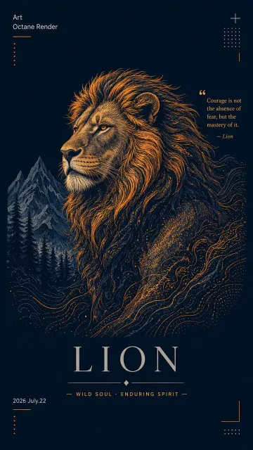 Clean Minimal image example: Ink Stippling and Line Lion Illustration Poster