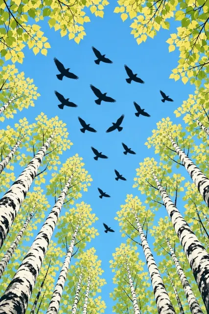 Low-Angle Birch Canopy and Flying Birds Woodcut