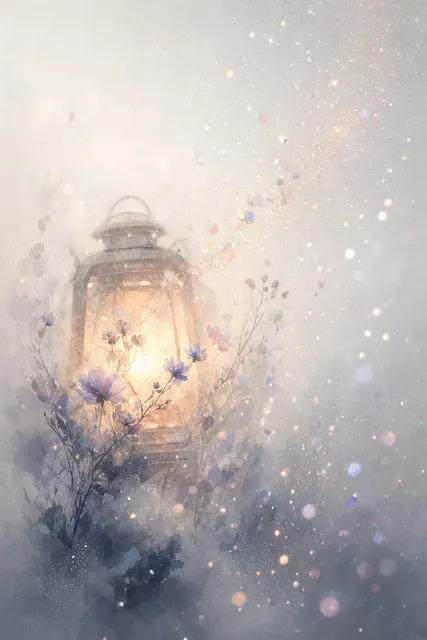 Minimalist Ethereal Glittering Lantern Floral Illustration