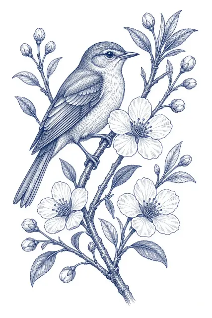 Linocut Print image example: Indigo Linocut Botanical and Songbird Print